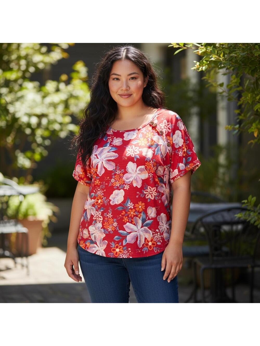 Women’s 3X Floral Scoop Neck Blouse Red Flowy Short Sleeves Plus Size Top NWT